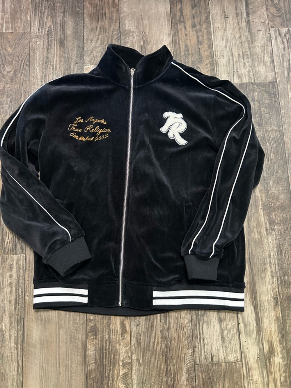 True Religion Black Velour Zip Hoodie with Gold Embroidery